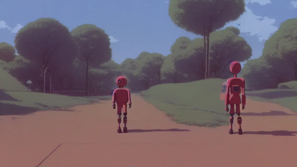 Image similar to a boy and his robot friend walking to school, anime film still from Studio Ghibli movie with art direction by Zdzisław Beksiński, wide lens