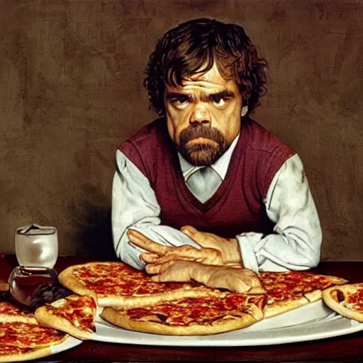 Image similar to peter dinklage eating pizza at a wooden table, artist norman rockwell,