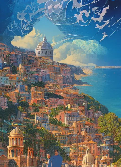 Prompt: Travel poster artwork by Michael Whelan and Tomer Hanuka, Rendering of travel to the italian riviera, high contrast, full of details, by Makoto Shinkai and thomas kinkade, Matte painting, trending on artstation and unreal engine