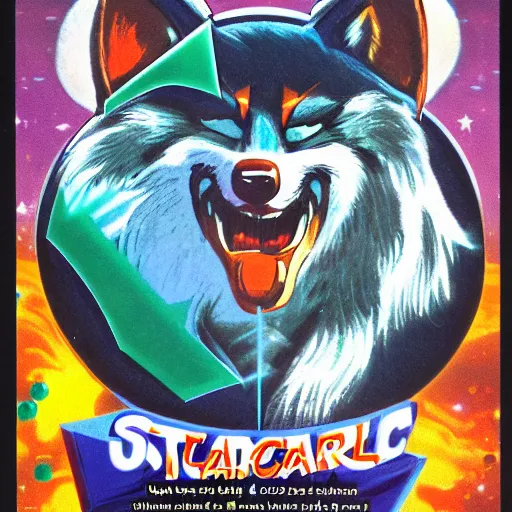 Prompt: 1 9 8 0 s video game art of anthropomorphic wolf o'donnell from starfox fursona furry wolf in a space cadet uniform, looking heroic, magazine scan, 8 0 s game box art, wolf o'donnell