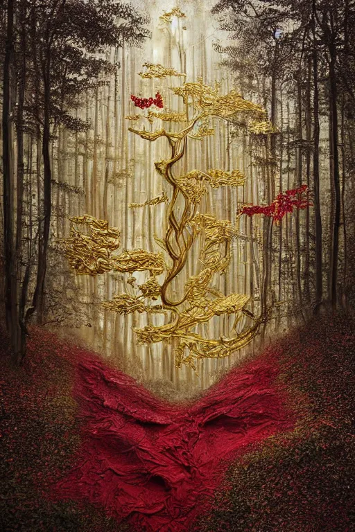 Image similar to immaculate painting of A Beautiful fine detailed gold and red and black Forest Illusion by erik johansson micro detailing