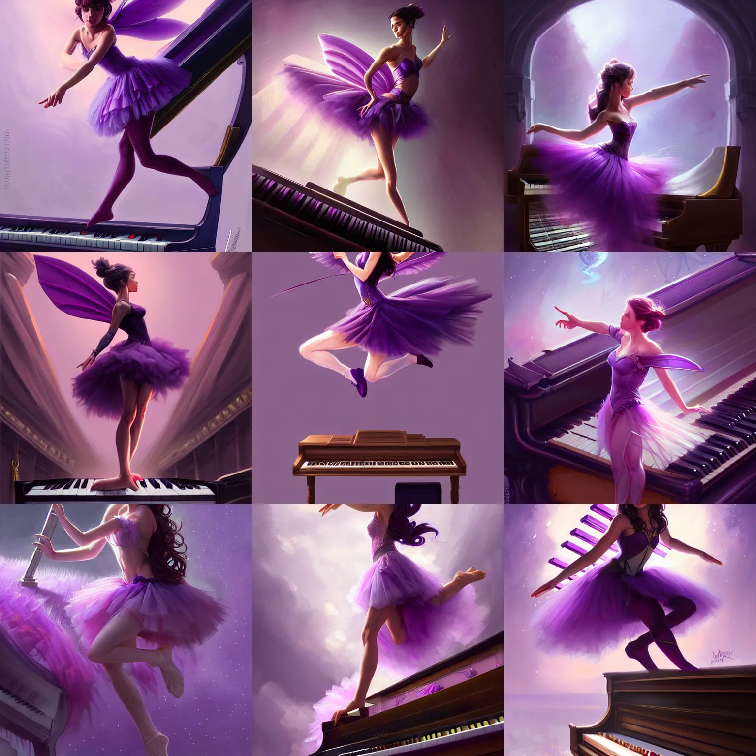 Prompt: illustration, wearing purple romantic tutu, standing on top of a piano, concept art, art by artgerm and greg rutkowski and magali villeneuve, fantasy, trending on artstation, highly detailed, d & d, brunette fairy woman stretching, sharp focus, digital painting