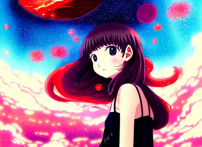 Prompt: anime portrait of a young girl floating inside a nebula, Karolis Strautniekas,omoide emanon, tsuruta kenji, murata range,kawaii, kyoto animation, manga, intricate, detailed, studio lighting, orange red black white, gradation,editorial illustration, matte print, Ilya Kuvshinov