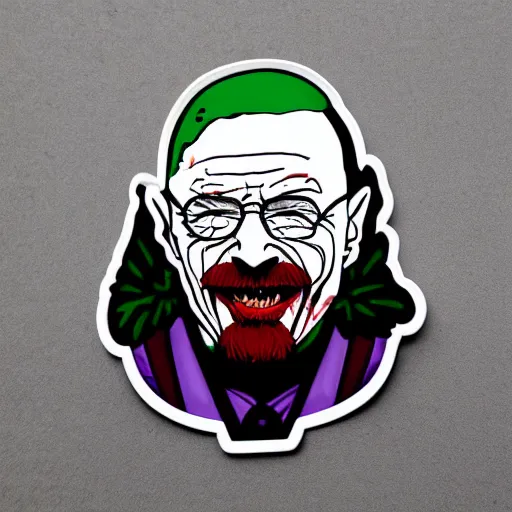 Image similar to die cut sticker, walter white laughing like the joker, splatter paint