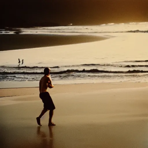 Prompt: a film photo of a man, athletic, walking on beach in Oregon, facing camera, Kodak gold 200 film