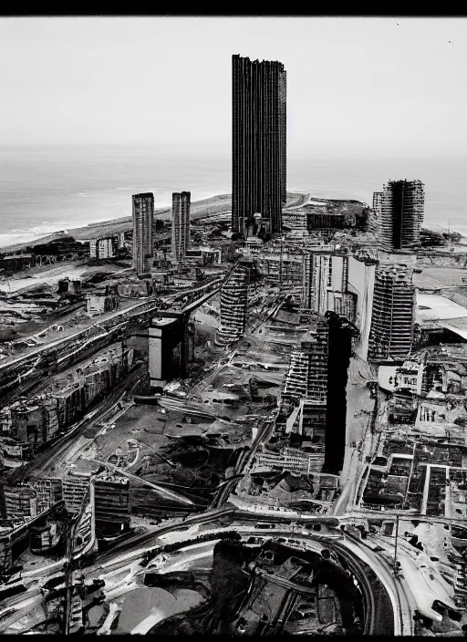 Image similar to apocaliptic Portrait of the city of Mar del Plata with a offshore oil dripping , by Tom Bunk , 35mm