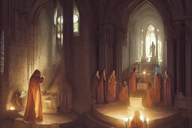 Image similar to inside the sepulchre, dark scene, light coming in from the left, steps leading down, 3 marys crouching in colored robes at the tomb | medium close | fibonacci composition, by artgerm, greg rutkowski, sophie anderson