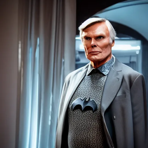 Image similar to Adam West as Batman 2022, 105mm, Canon, f/4, ISO 800, 1/200s, 8K, RAW, symmetrical balance, Dolby Vision, Aperture Priority