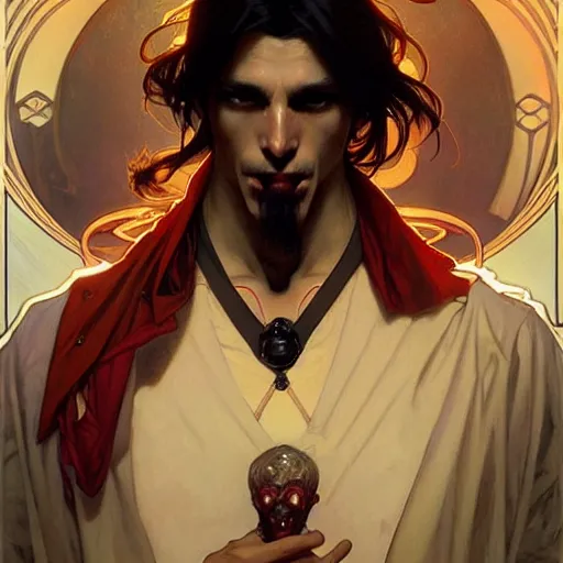 Image similar to attractive twenty first century male vampires beautiful eyes. highly detailed painting by artgerm and greg rutkowski and alphonse mucha 8 k