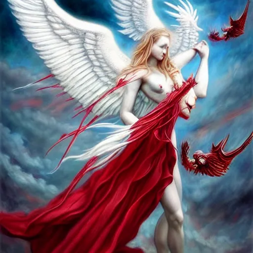 Image similar to beautiful white angel battling red winged devil, surreal, fantasy, intricate, mechanical, elegant, dramatic, highly detailed, gears, lifelike, photorealistic, digital painting, painterly, artstation, concept art, smooth, head in focus, sharp focus, background aerial battle, illustration, art by John Collier and Krenz Cushart and Artem Demura and Alphonse Mucha and Albert Aublet,