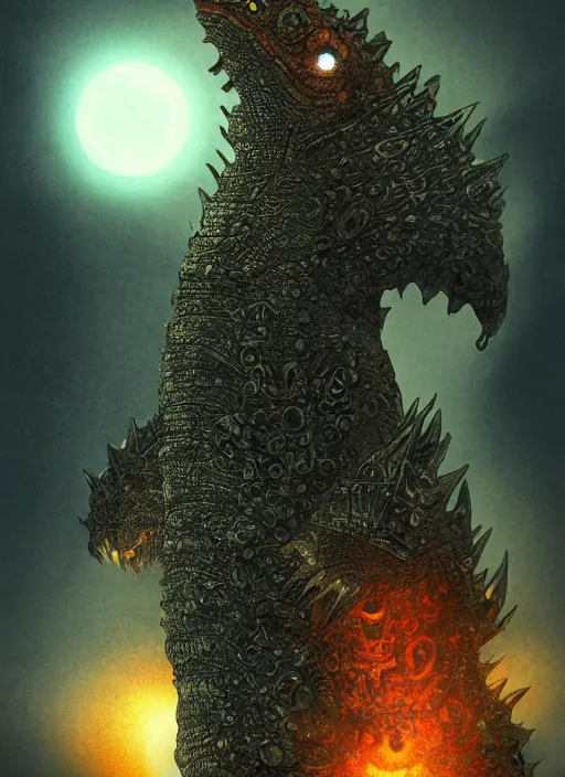 Image similar to occult godzilla kaiju with glowing haunted eyes, metal skin, intricate, elegant, highly detailed, centered, digital painting, artstation, concept art