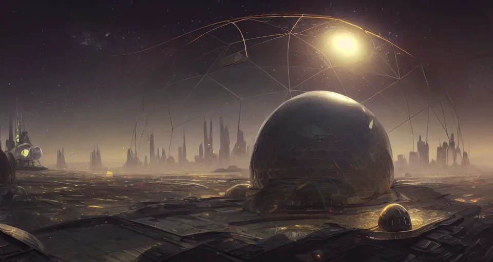 Image similar to cinematic shot, futuristic city on the moon inside a giant geodesic dome, utopian, night, stars, digital painting, artstation, concept art, smooth, sharp focus, illustration, intricate, elegant, highly detailed, in the style of greg rutkowski and alphonse mucha and artemisia, 8 k, highly detailed, jurgens, rutkowski
