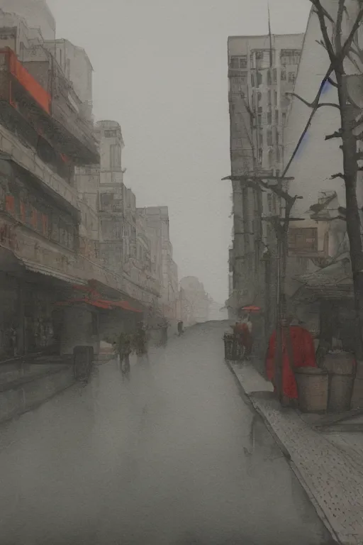 Prompt: A watercolor depicting an empty Shanghai Wujiaochang, gloomy weather, high contrast, smooth, by Joseph Zbikowicz, 8k