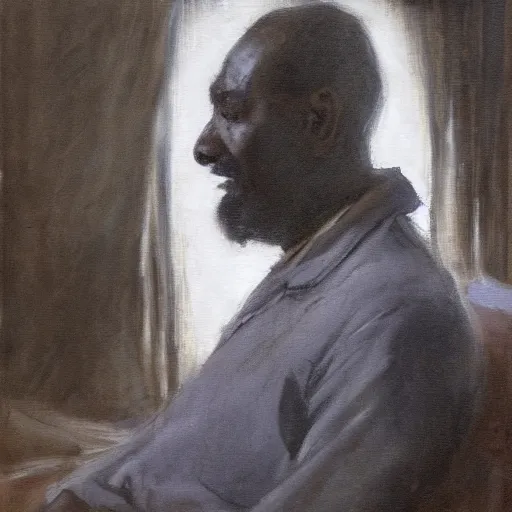 Prompt: a painting of a well fed thinker, thoughtful, focused, visionary, calm, jovial, loving, fatherly, generous, elegant well fed elder with few eyebrows and his on from Kenya by Henry Ossawa Tanner . dramatic angle, ethereal lights, details, smooth, sharp focus, illustration, realistic, cinematic, artstation, award winning, rgb , unreal engine, octane render, cinematic light, macro, depth of field, blur, red light and clouds from the back, highly detailed epic cinematic concept art CG render made in Maya, Blender and Photoshop, octane render, excellent composition, dynamic dramatic cinematic lighting, aesthetic, very inspirational, arthouse.