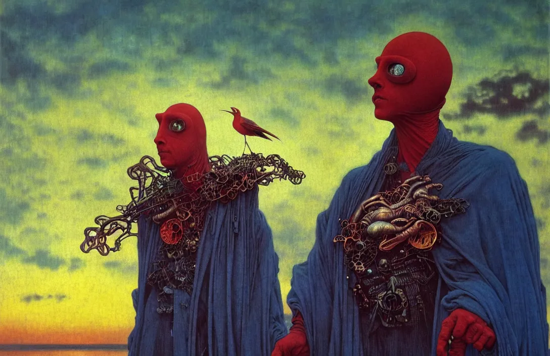 Prompt: realistic detailed portrait movie shot of a birdman in dark ragged robes, futuristic city sunset landscape background by denis villeneuve, amano, yves tanguy, alphonse mucha, ernst haeckel, max ernst, roger dean, masterpiece, rich moody colours, blue eyes, hyperdetailed