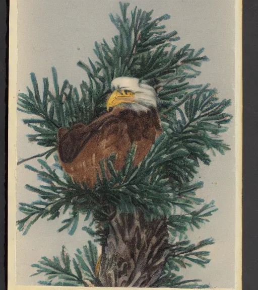 Image similar to damaged postcard of 'an eagle in the nest of a snowy pine tree', long shot, coffee table background