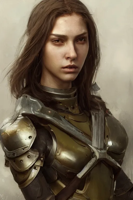 Image similar to a photorealistic painting of an attractive young girl, partially clothed in battle armor, olive skin, long dark hair, beautiful bone structure, symmetrical facial features, intricate, elegant, digital painting, concept art, illustration, sharp focus, minimal artifacts, from Metal Gear, in the style of Ruan Jia and Mandy Jurgens and Greg Rutkowski, trending on Artstation, award winning