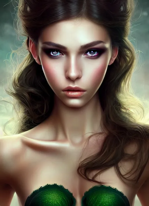 Prompt: a beautiful portrait, sexy fantasy. professionally retouched, soft lighting, wearing sexy black dessous, realistic, smooth face, perfect green eyes, long dark hair with gold highleights, wide angle, sharp focus on the eyes, 8 k high definition, insanely detailed, intricate, elegant, art by artgerm and wlop