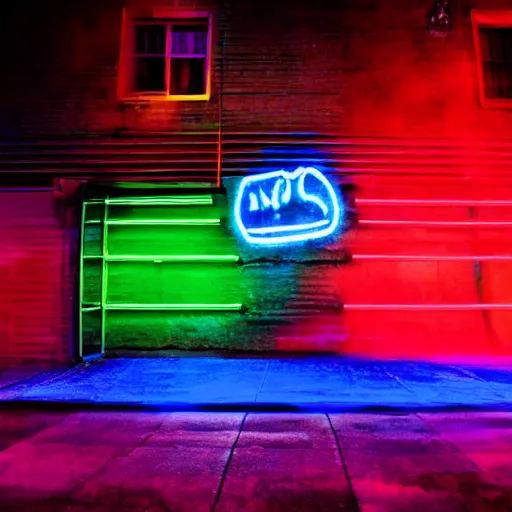 Image similar to a monster, neon lights, red, blue, green, dramatic lighting, heroic exposure, cool