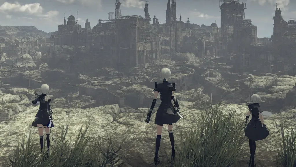 Image similar to Screenshot from Nier Automata, beautiful landscape in Marseille, France