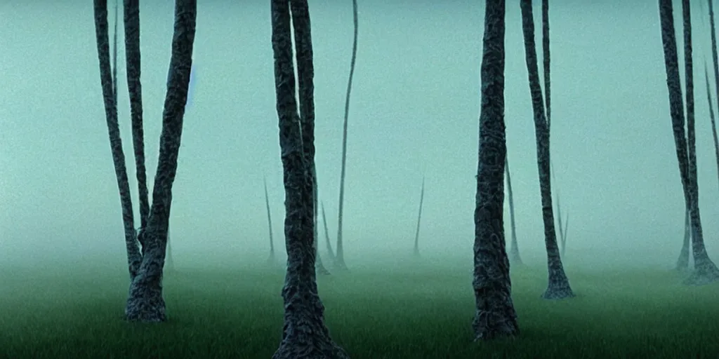 Image similar to trees from avatar movie fully wrapped in transparent polyethylene with light cloudy sky background, film still from the movie directed by denis villeneuve with art direction by zdzisław beksinski, close up, telephoto lens, shallow depth of field