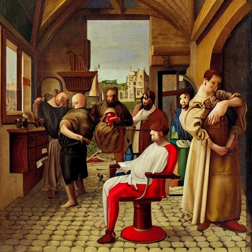 Image similar to barber shop in a renaissance style