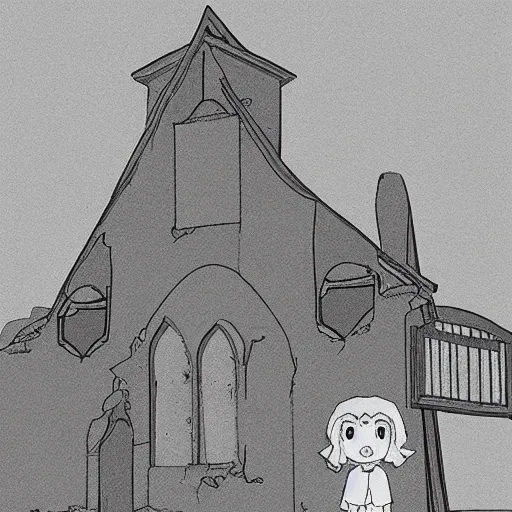 Image similar to ghost of a young girl, a burnt out church, cel shaded, studio ghibli