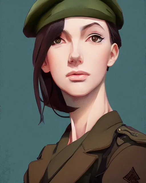 Image similar to portrait bust of young woman with shoulder length light brown hair and hazel eyes dressed in a sharp dark teal military uniform and beret, anime, ilya kuvshinov, greg rutkowski, guweiz, ross tran, loish, svetlana tigai, artgerm, artstation trending, concept art, digital painting