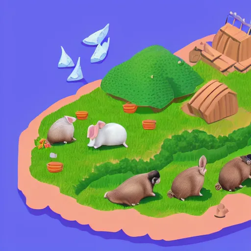 Prompt: isometric view of an island full of guinea pigs and rabbits