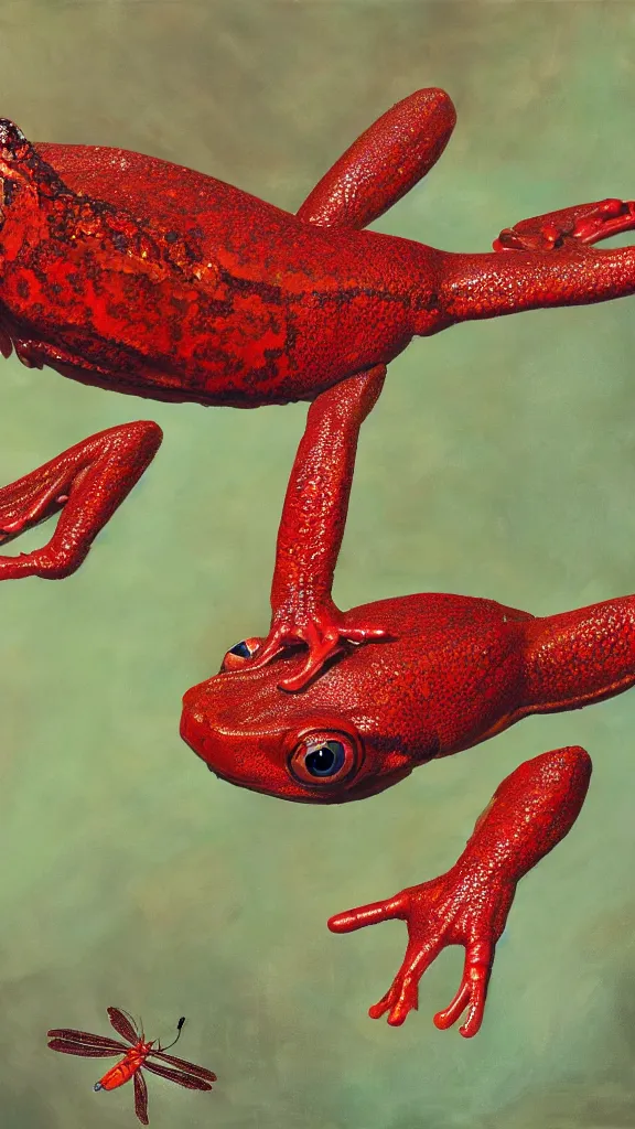 Image similar to giant red frog with giant dragonfly wings, photorealism, oil paint, renaissance, 8 k, high detail whide shot