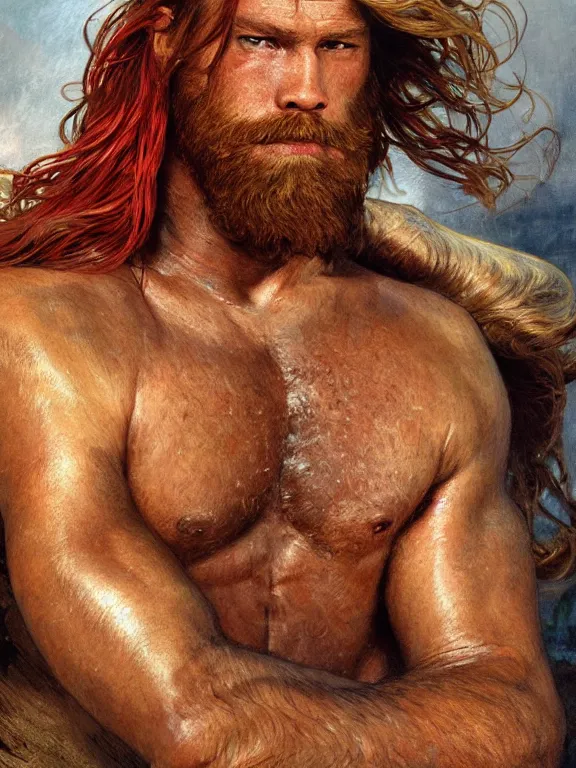 Image similar to painted portrait of rugged thor, god of thunder, norse god, red hair, masculine, mature, handsome, upper body, red and gold, muscular, hairy torso, fantasy, intricate, muscular, elegant, highly detailed, digital painting, artstation, concept art, smooth, sharp focus, illustration, art by gaston bussiere and alphonse mucha