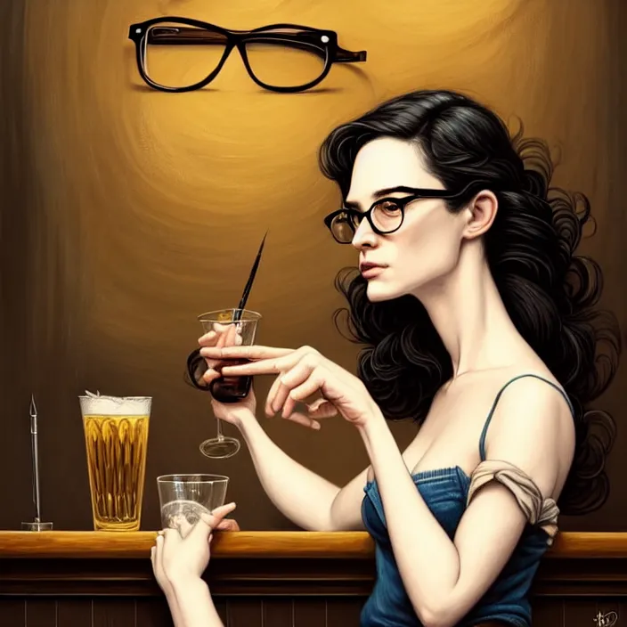 Prompt: a young sophisticated beautiful barmaid, dimly lit dive bar, hip modern vibe, relaxed pose, wavy long black hair and glasses, pale skin, wild, highly detailed, digital painting, artstation, sharp focus, illustration, detailed painterly digital art style by Geof Darrow and Lise Deharme and Tim Hildebrandt + perfect facial symmetry + dim volumetric lighting, vibrant deep colors, 🍸, 8k octane beautifully detailed render, post-processing, extremely hyperdetailed, epic composition, grim yet sparkling atmosphere, cinematic lighting + masterpiece, Art Nouveau, unreal engine, hyperrealistic, old english, sepia