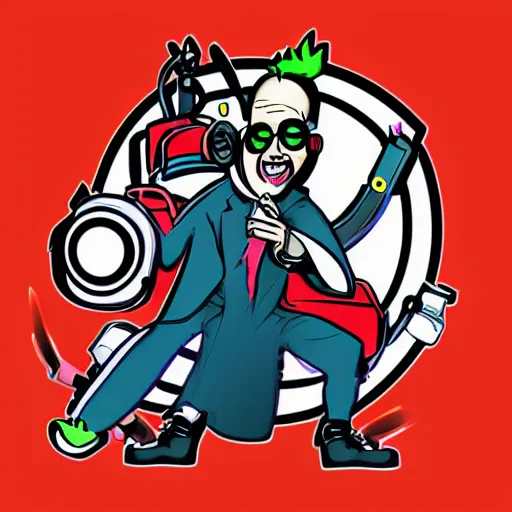 Image similar to svg vector sticker of absolutely insane-mad-scientist-villain, rocking out, wearing headphones, huge speakers, dancing, rave, DJ, spinning records, digital art, amazing composition, rule-of-thirds, award-winning, trending on artstation, featured on deviantart