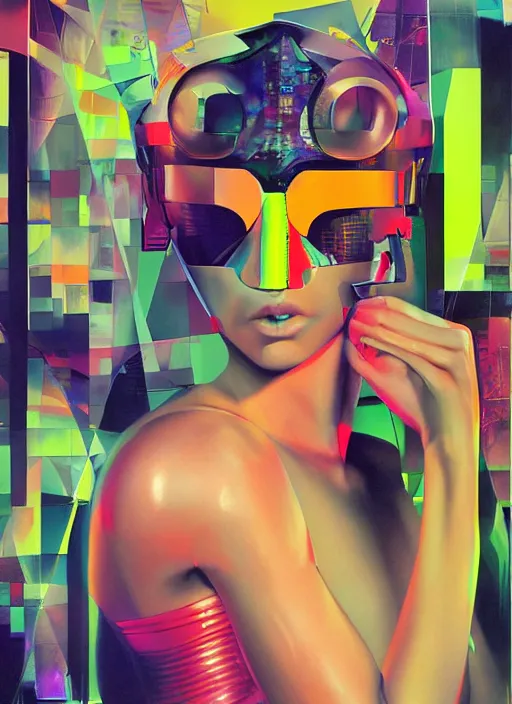 Image similar to futuristic lasers, data visualization, cyberpunk bodysuit, mask, laserpunk, visor, rain, wet, oiled, sweat, girl pinup, by steven meisel, james jean and rolf armstrong, geometric cubist perfect geometry abstract acrylic and hyperrealism photorealistic airbrush collage painting with retro and neon colors