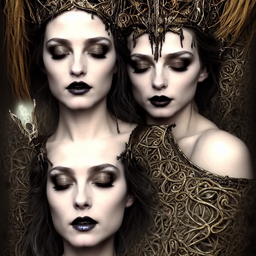 Image similar to mindblowing portrait of the enchantress queen, a stunning timeless beauty, breathtaking eyes, perfect skin, feathered eyelashes, royal gothic dress with a lot of leather, heavy silent hill aesthetic, incredibly intricate, digital art, blender, houdini & photoshop, very elegant & complex, hyper-maximalist, overdetailed, epic cinematic quality, biblical art lighting, photorealistic, lifelike, OLED, DSLR HDR 8k, face is the focus, facial feature symmetry, hyper composed, created by Nixeu & z--ed from deviantart