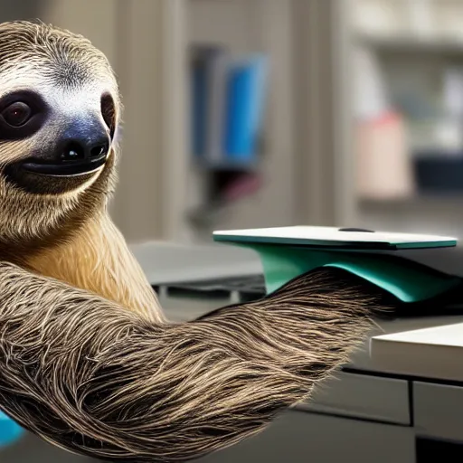 Prompt: a sloth managing the lost and found desk, ultradetailed photograph, realistic, 8K, HDR
