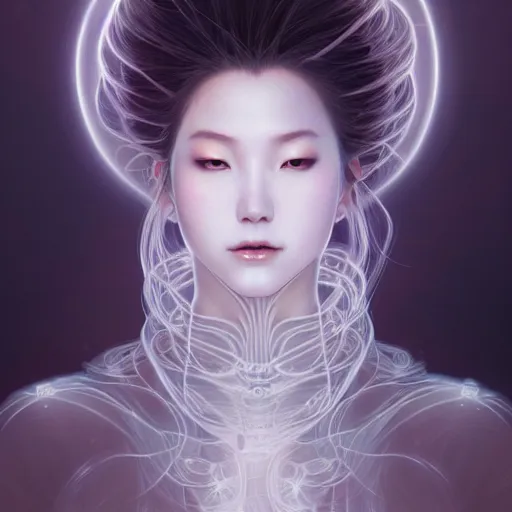 Image similar to ultra realistic illustration, a japanese female digital ghost queen, transparent, static, intricate, elegant, highly detailed, digital painting, artstation, concept art, smooth, sharp focus, illustration, art by artgerm and greg rutkowski and alphonse mucha