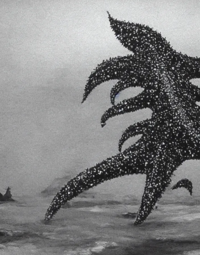 Image similar to a filmstill of a north korean monster movie, kaiju - eiga monster starfish - like trampling a traditional korean palace, foggy, film noir, video compression