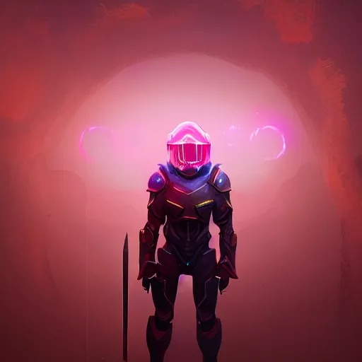 Prompt: warrior in irridescent ruby armor standing in doorway, helmet, sci-fi, bioluminescent, illustration, centered, 8k, artstation, high detail