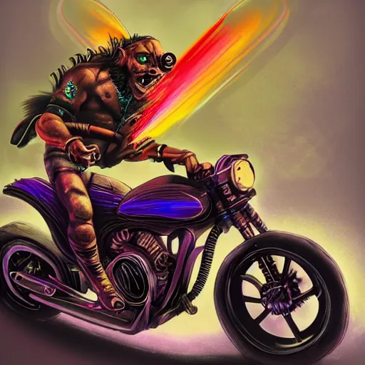 Prompt: colorful blacklight airbrush artwork, motorcycle, stylized action shot of an orc biker riding a motorcycle, drifting, skidding, wheelie, clear focused details, soft airbrushed artwork, black background, cgsociety, artstation