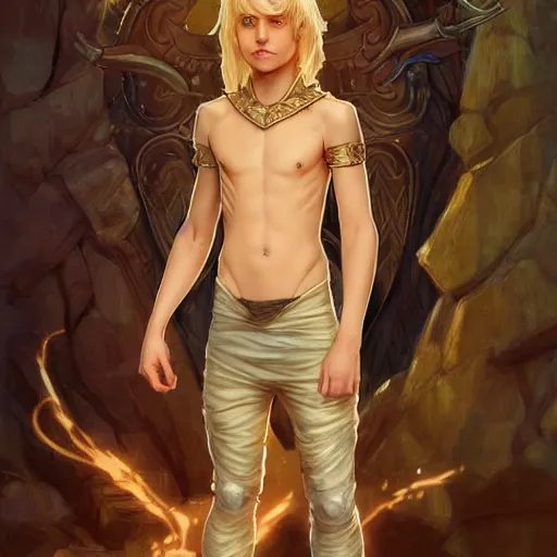 Image similar to an epic fantasy comic book style full body portrait painting of a young blonde boy who is over confident, wearing plain thief clothes, d & d, fantasy, intricate, elegant, highly detailed, digital painting, artstation, concept art, matte, sharp focus, illustration, art by artgerm and greg rutkowski and alphonse mucha