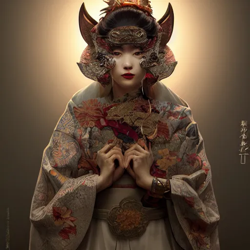 Image similar to a photorealistic dramatic fantasy render of a beautiful woman wearing a beautiful intricately detailed japanese cow kitsune mask and clasical japanese kimono by wlop, artgerm, greg rutkowski, alphonse mucha, beautiful dynamic dramatic dark moody lighting, shadows, cinematic atmosphere, artstation, concept design art, octane render, 8 k