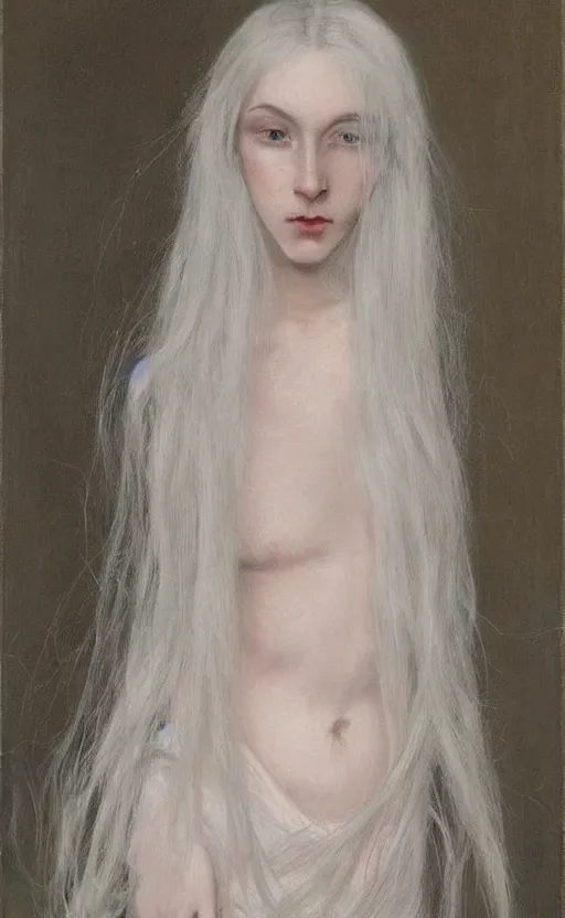 Prompt: say who is this with silver hair so pale and wan! and thin!? female angel, wearing long silver hair flowing hair, pale fair skin, you g face, silver hair, covered!!, clothed!! lucien levy - dhurmer, fernand keller, oil on canvas, 1 8 9 6, 4 k resolution, aesthetic!, mystery