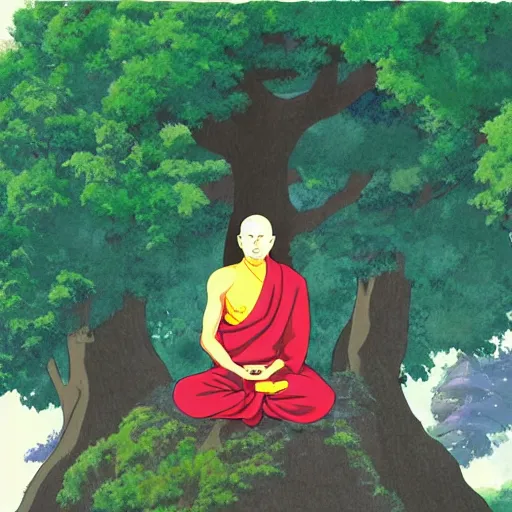 Image similar to Meditating Buddhist monk sat at the base of a large tree on top of a green hill artwork by studio Ghibli