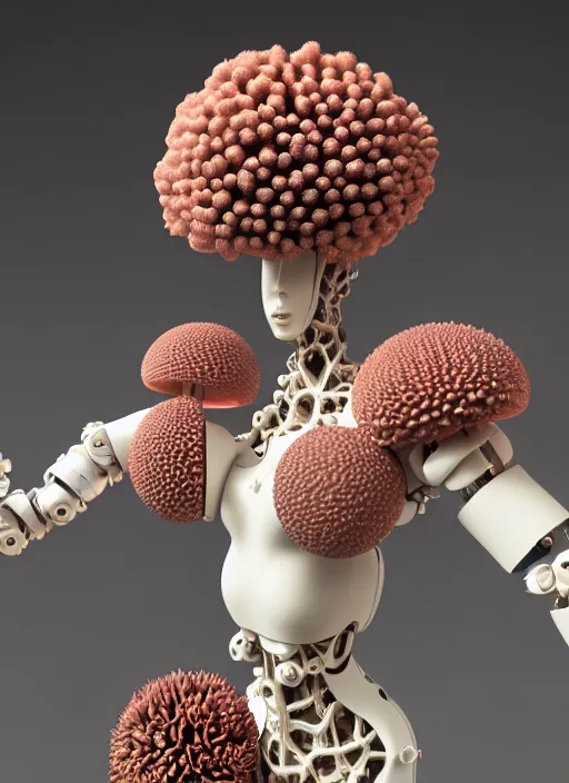 Image similar to biomechanical mannequin carrying perfume bottle, black corals table made of corals, mushrooms, puffballs, rhizomorphs in an ivory room well contoured smooth fair walls, up close shot, sharp focus, global illumination, radiant light, alexandre ferra white mecha, irakli nadar, octane highly render, 4 k, ultra hd,