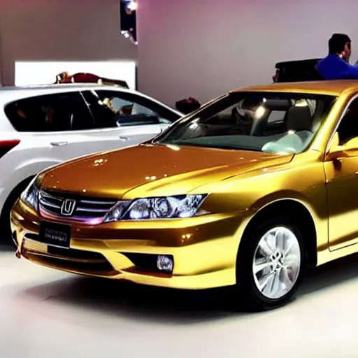 Image similar to A 24 karat gold Honda Accord on display at an auction.