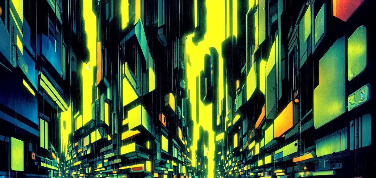 Image similar to post - minimalism, cyberpunk, abstract, slight cubism influence, bladerunner alley, iridescent, comic