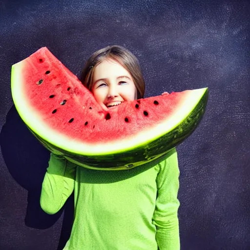 Image similar to Cute girl on the giant watermelon. She has cute face. She is smiling. Her eyes are big and blue. Watermelon is swimming in the blue ocean, digital art