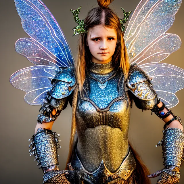 Image similar to full length photo of a fairy warrior wearing sparkly armour, highly detailed, 4 k, hdr, smooth, sharp focus, high resolution, award - winning photo