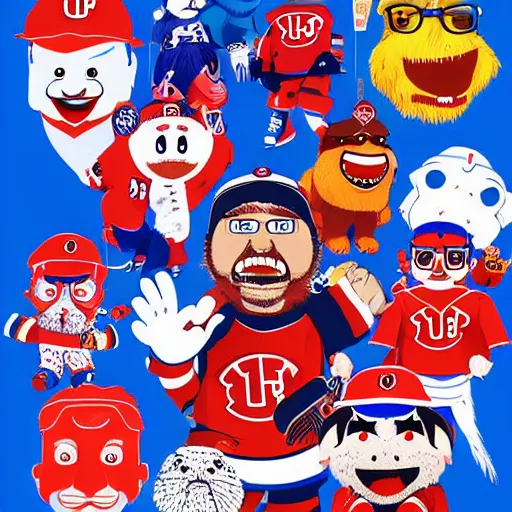 Image similar to illustration of youppi habs mascot in a gang with other nhl mascots by ilya kuvshinov katsuhiro otomo